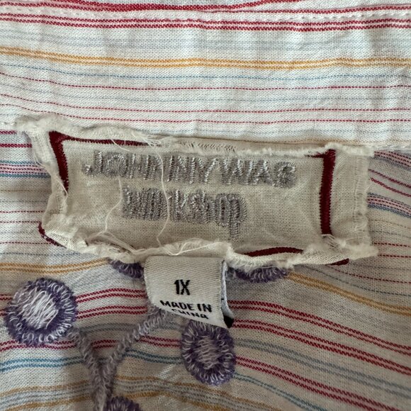 Johnny Was Workshop White w/Pinstripes & Embroidered Flowers Shirt 1X - Picture 14 of 14